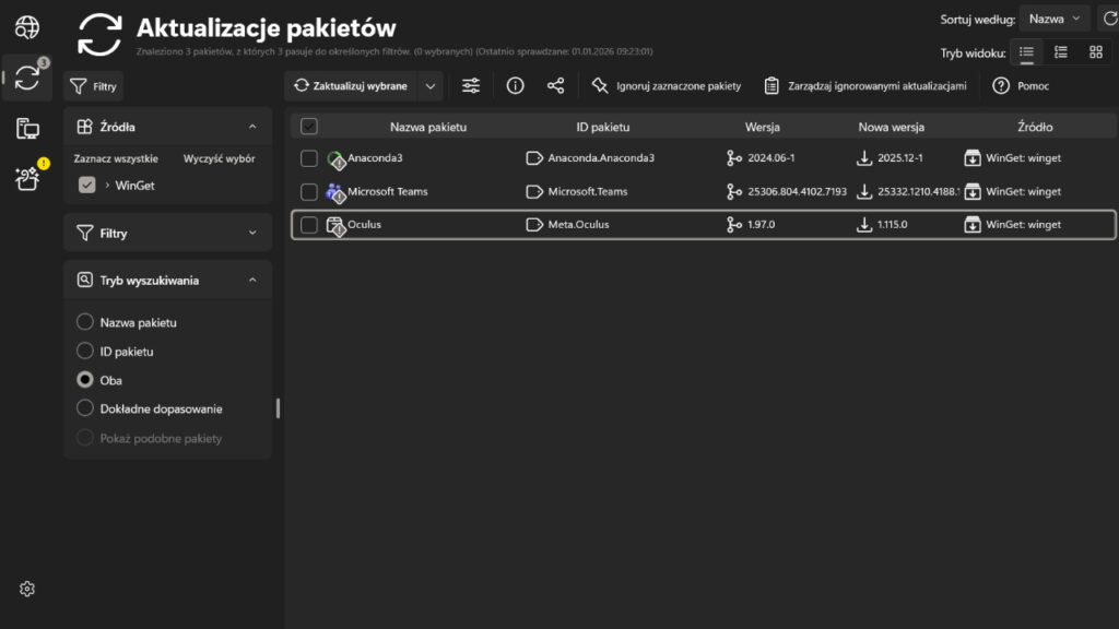 Interfejs programu UnigetUI. Pokazujący funkcję aktualizacji pakietów. 
