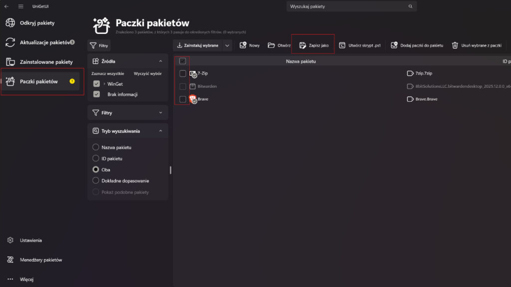 Interfejs programu UniGetUI pokazujący funkcje tworzenia paczek pakietów. 