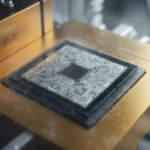 Artystyczne ujęcie procesora kwantowego Google Willow osadzonego w złoconej obudowie urządzenia chłodniczego, z widocznymi mroźnymi drobinkami i misternymi ścieżkami nadprzewodzącymi.