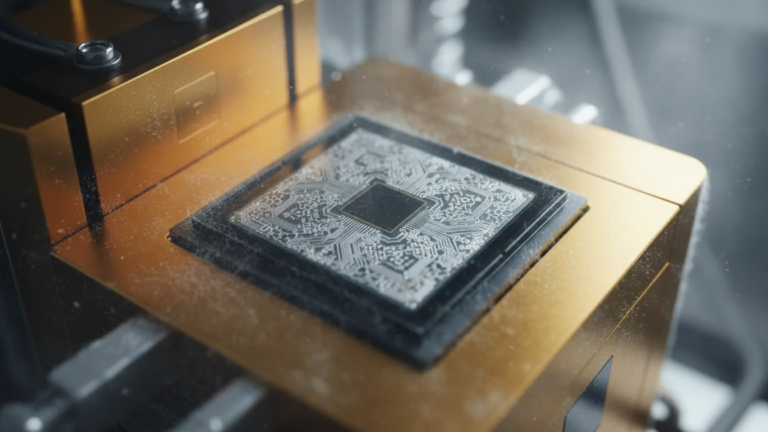 Artystyczne ujęcie procesora kwantowego Google Willow osadzonego w złoconej obudowie urządzenia chłodniczego, z widocznymi mroźnymi drobinkami i misternymi ścieżkami nadprzewodzącymi.