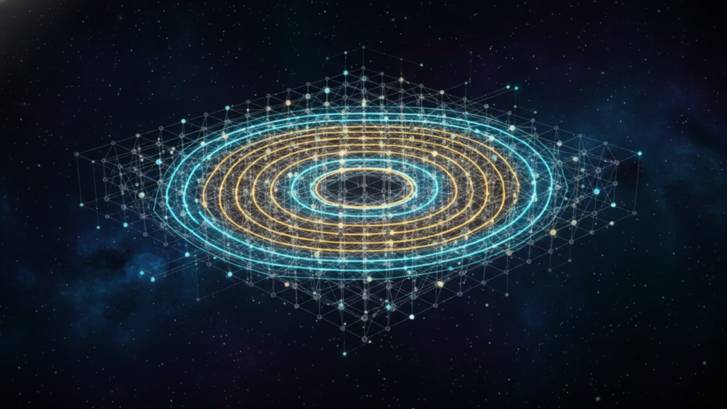 Artystyczna, cyfrowa wizualizacja algorytmu Quantum Echoes; niebieskie i złote pierścienie energii rozchodzące się na geometrycznej siatce kubitów na tle kosmicznej pustki.
