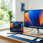 Monitor zewnętrzny 27 cali podłączony do MacBooka wyświetlający ostry obraz HiDPI na biurku