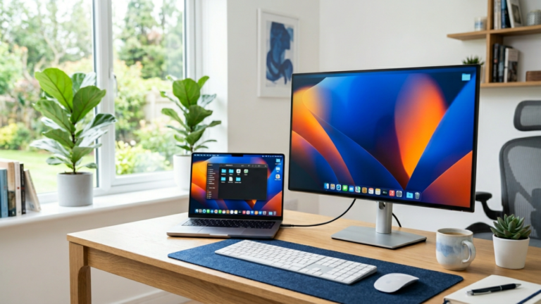 Monitor zewnętrzny 27 cali podłączony do MacBooka wyświetlający ostry obraz HiDPI na biurku