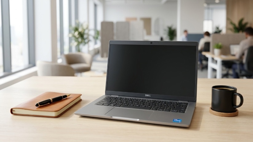 Laptop Dell Latitude 5320 na drewnianym biurku obok notatnika i kawy w nowoczesnym biurze