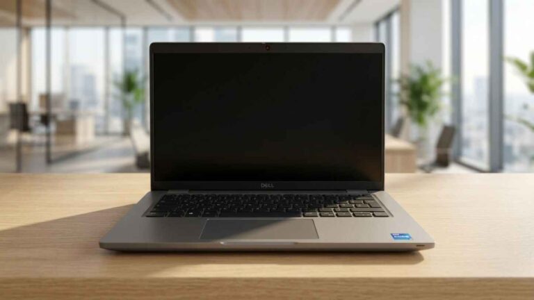Laptop Dell Latitude 5420 na czystym tle, gotowy do pracy, widoczna klawiatura, gładzik i naklejka procesora Intel Core i5