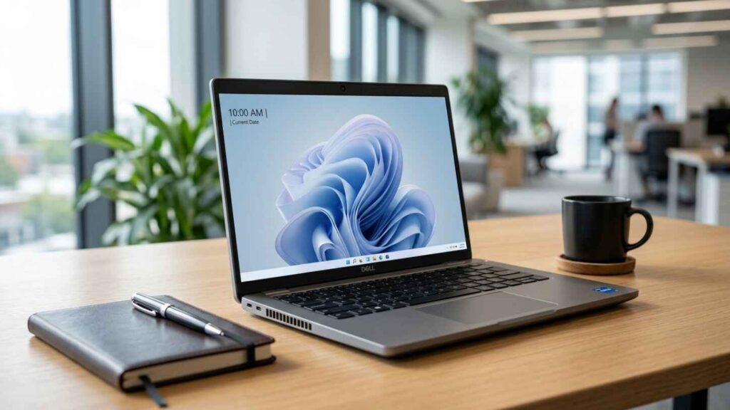 Laptop biznesowy Dell Latitude 5420 pokazany pod kątem na białym tle, widoczna klawiatura i smukła obudowa