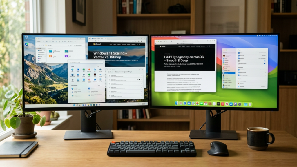 Porównanie skalowania interfejsu na monitorach z systemem Windows i macOS obok siebie na biurku