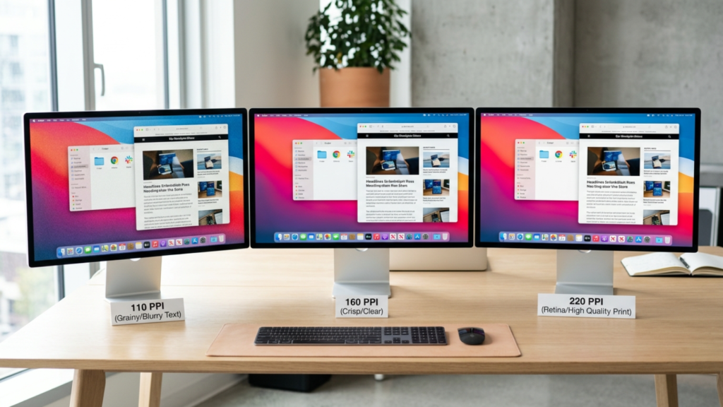 Porównanie ostrości obrazu na trzech monitorach macOS z różną gęstością pikseli: 110 PPI, 160 PPI i 220 PPI Retina.